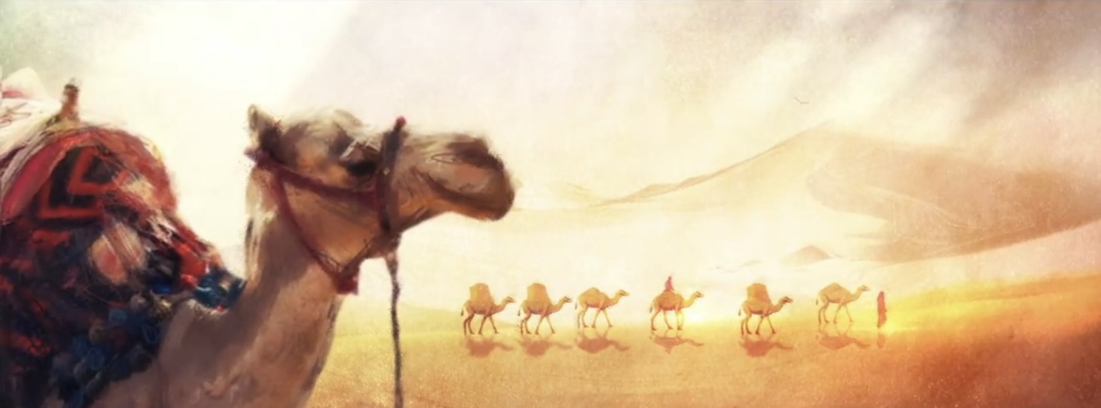 Illustration of a camel caravan crossing the desert at sunset — قصة الهجرة